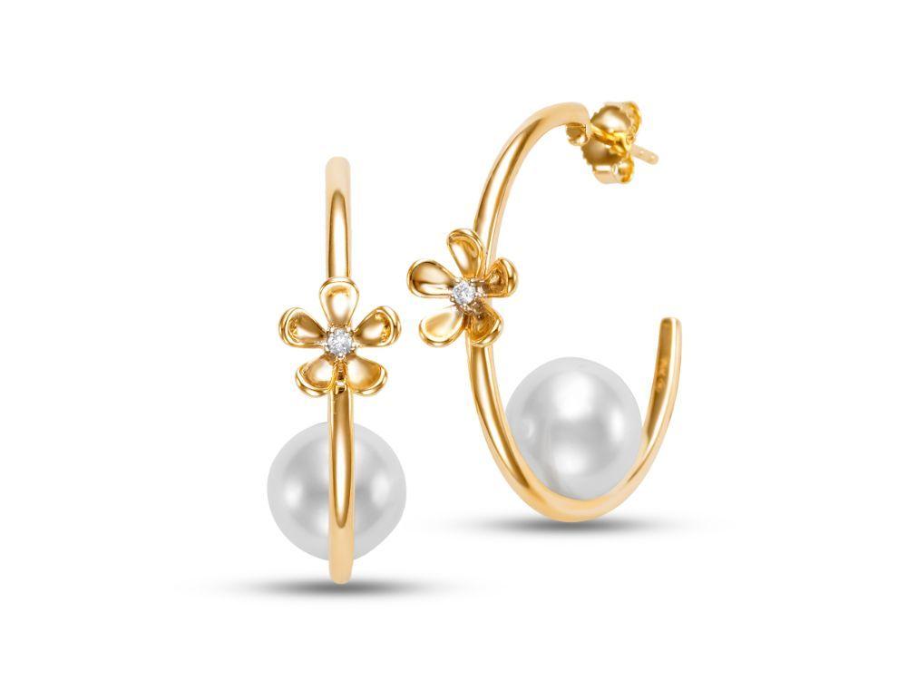 Floating Freshwater Pearl & Diamond Flower 14K Gold Hoop Earrings