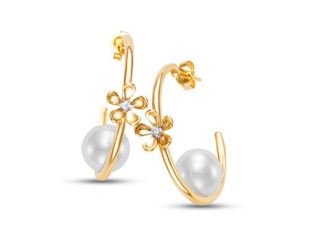 Floating Freshwater Pearl & Diamond Flower 14K Gold Hoop Earrings