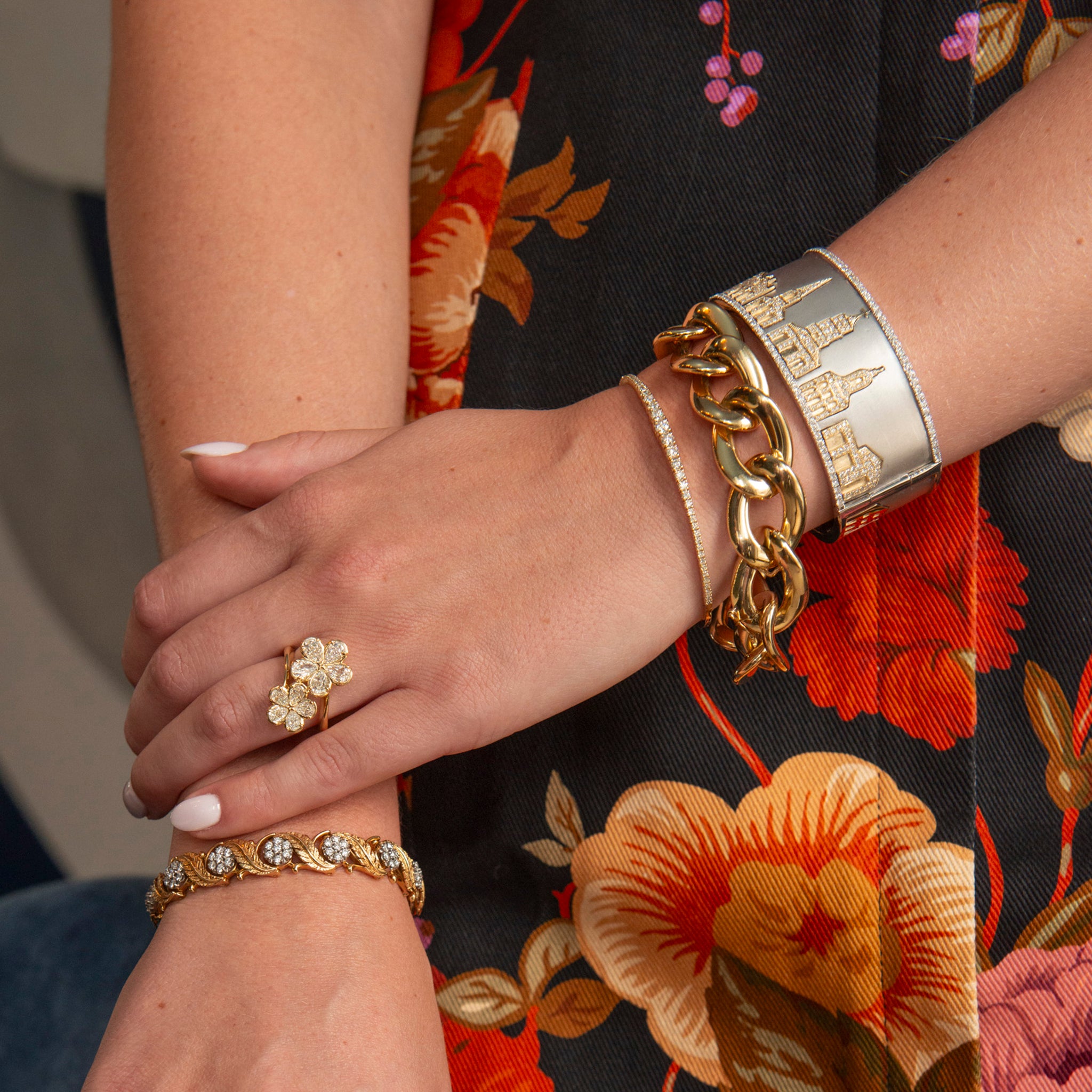 Vintage Floral Diamond Cluster 18K Gold Leaf Bracelet, L’Amour Crisscut Pear Diamond Flower Bypass Ring, Graduated Diamond 14K Yellow Gold Flex Bangle, 18K Yellow Gold Oval Curb Link Bracelet, Wide Charleston Skyline Cuff Bangle with Diamonds