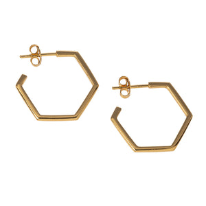 Goldbug Collection’s Beehive Honey Hexagon Hoop Earrings feature hexagon honeycomb open hoops.  Gold-plated sterling silver  Measures: 20 mm  Care: These bugs can't swim! To ensure a longer life for your Goldbug pieces, avoid swimming, showering, and applying any aerosols or lotions.