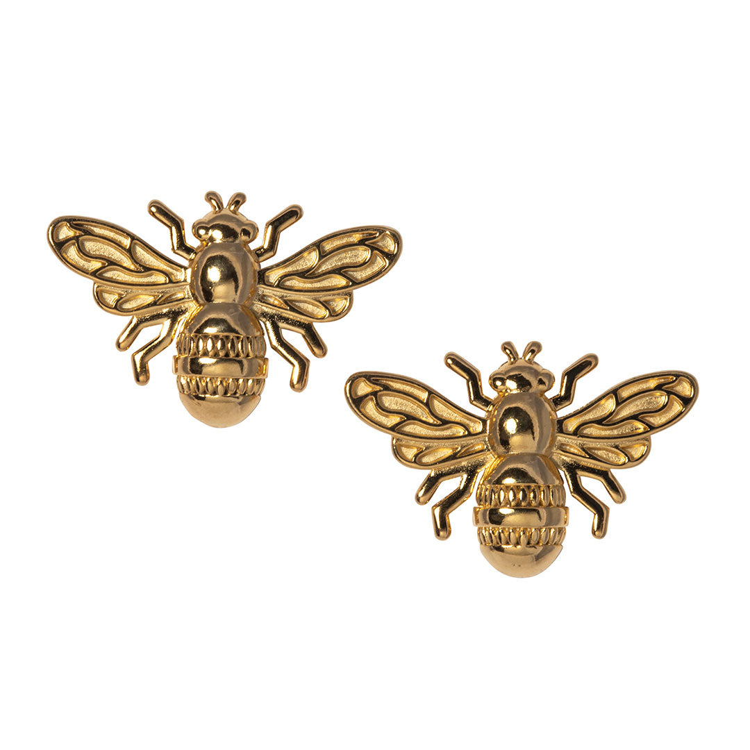 Goldbug Collection’s Queen Bee Stud Earrings.  18K yellow gold-plated  Postbacks  Width: 0.5"  Care: These bugs can't swim! For long life, please don't sleep, shower, or swim in your bugs.