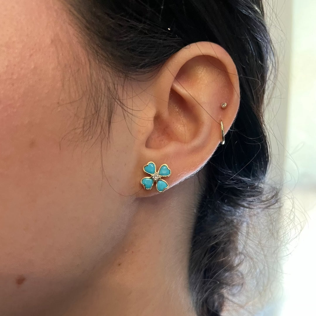 Turquoise & Diamond 14K Gold Clover Stud Earrings