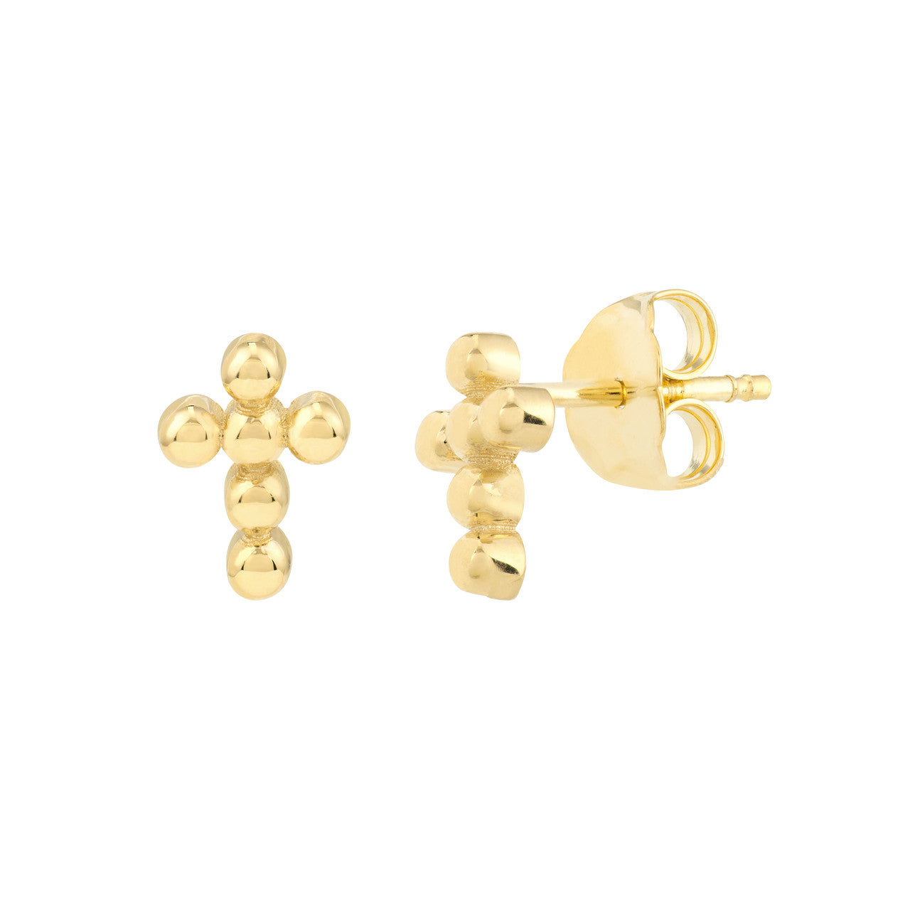 14K Yellow Gold Beaded Mini Cross Stud Earrings