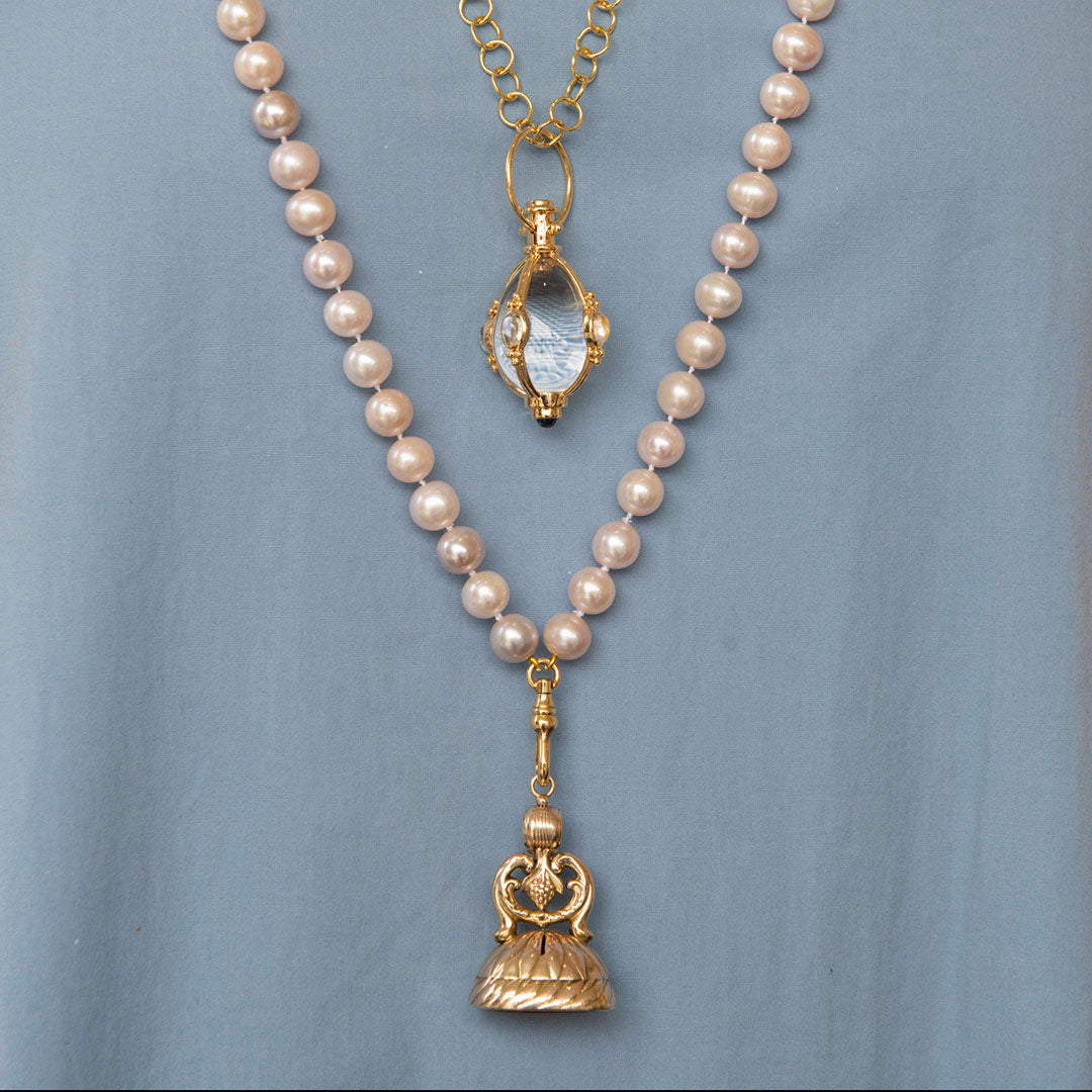 Gold Filled Swivel Clip & Pink Pearl Strand Necklace 30"