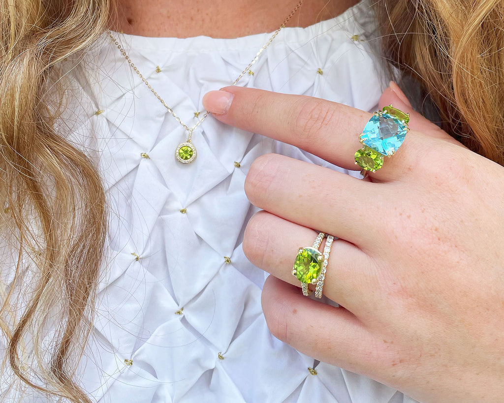 Peridot rings and necklace styled