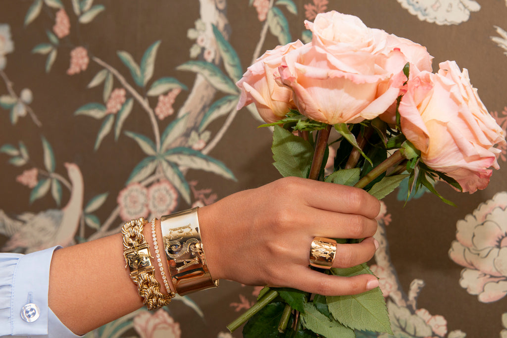 Hand Engraved Extra Wide Gold Cuff Roses