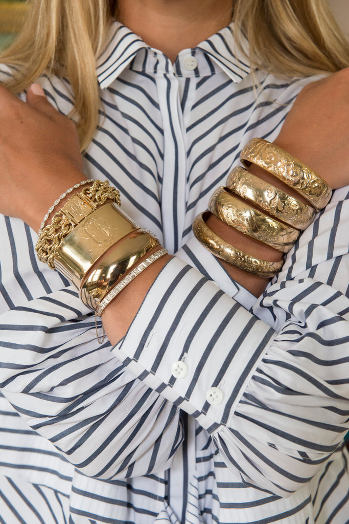 Extra Wide Gold Cuff Stacked with Antique Gold Filled Bangles