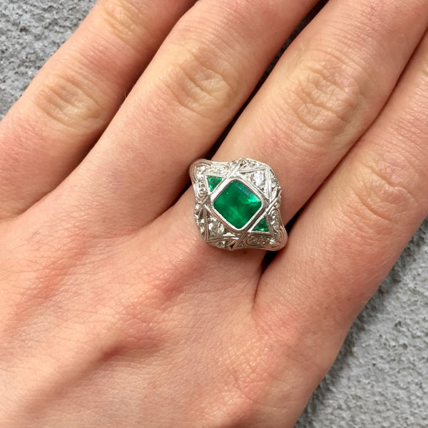 Emerald and Diamond Deco Style Ring