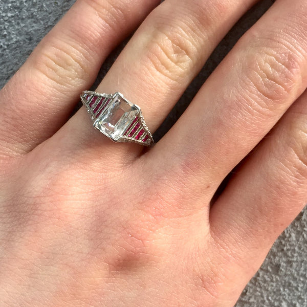 Art Deco Diamond and Ruby Platinum Filigree Ring