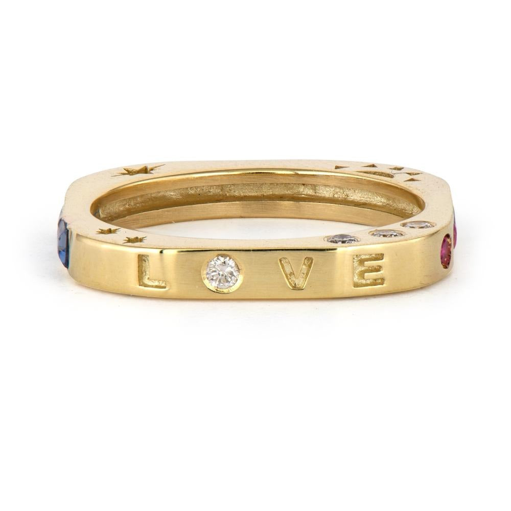 Multi-Stone Square Engraved Love 14K Gold Band