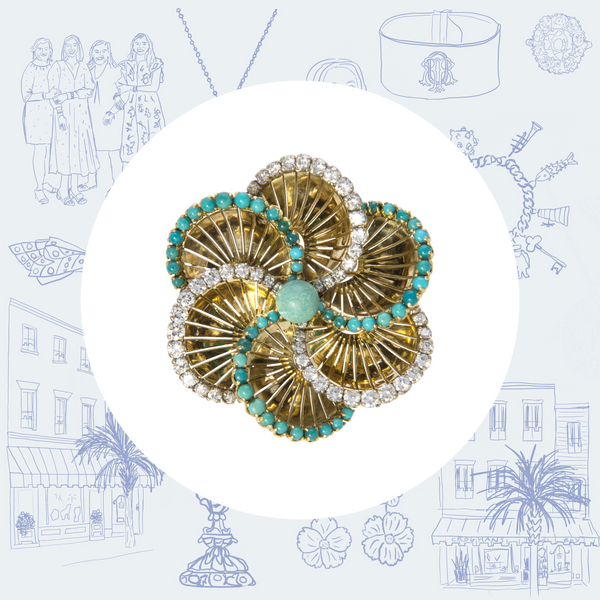 1960s Turquoise Diamond Spiral Flower Brooch