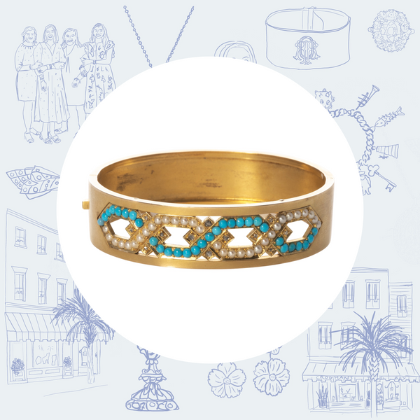 Victorian Turquoise Pearl 15K Gold Bangle