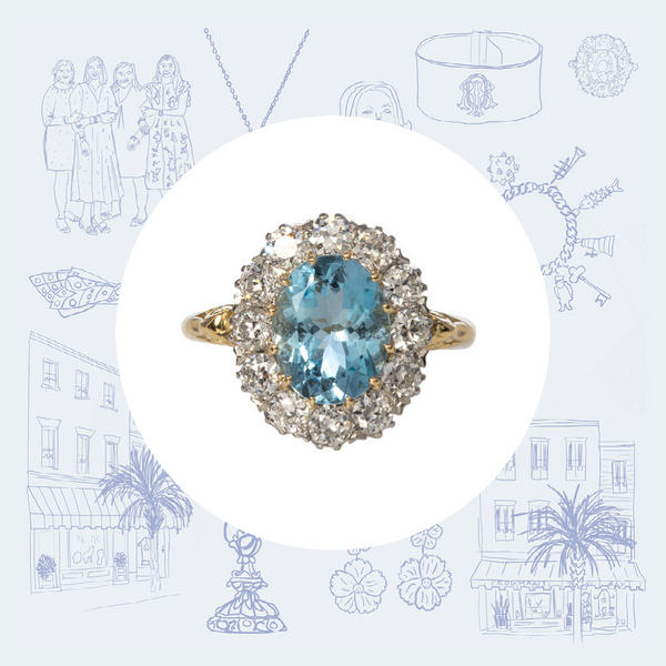 Victorian-Style Aquamarine & Diamond Halo Engagement Ring