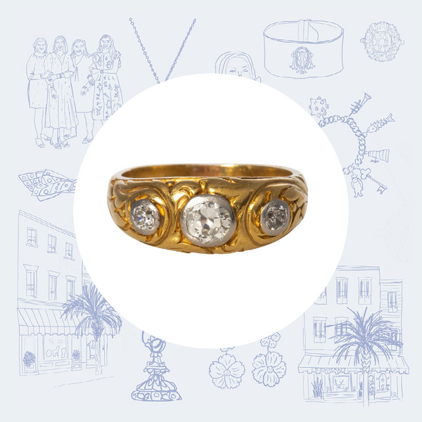 Victorian 3-Stone Diamond Engraved 18K Gold Ring