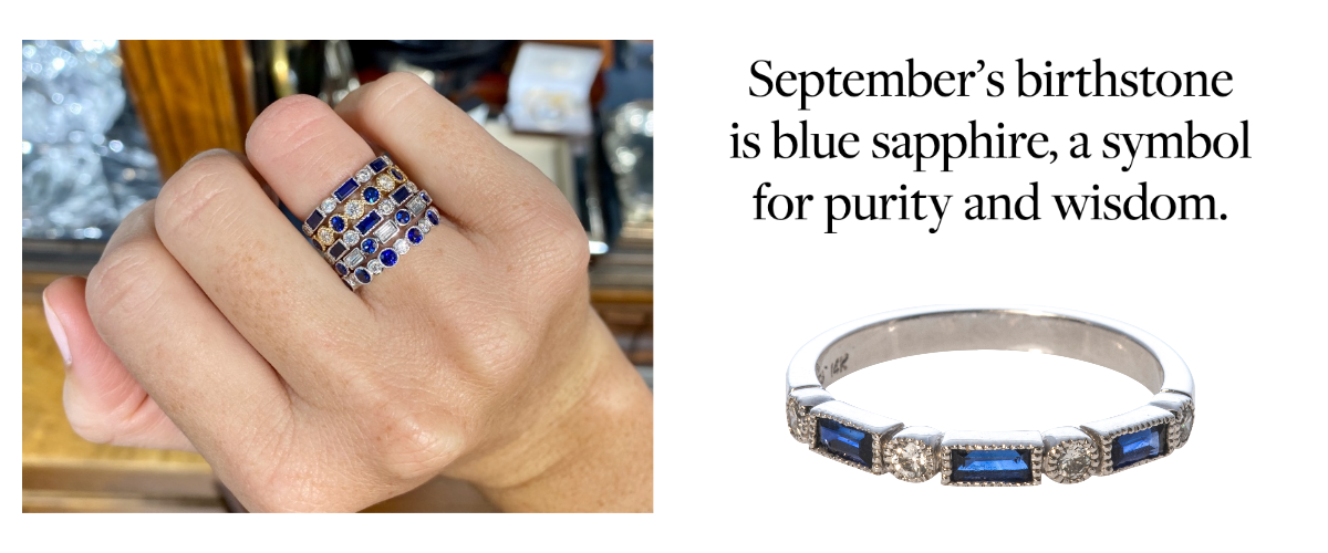 September's birthstone is blue sapphire, a symbol for purity and wisdom.